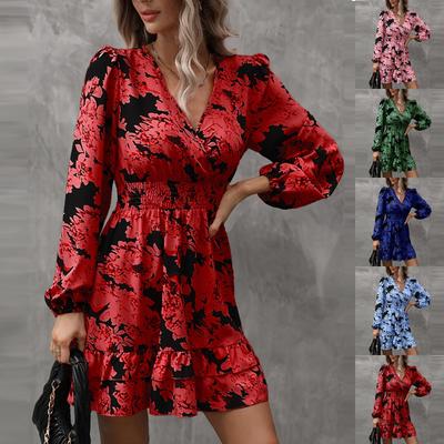 Women's Summer Casual Fashion V Neck Ruffle Waist Floral Print Midi Dress