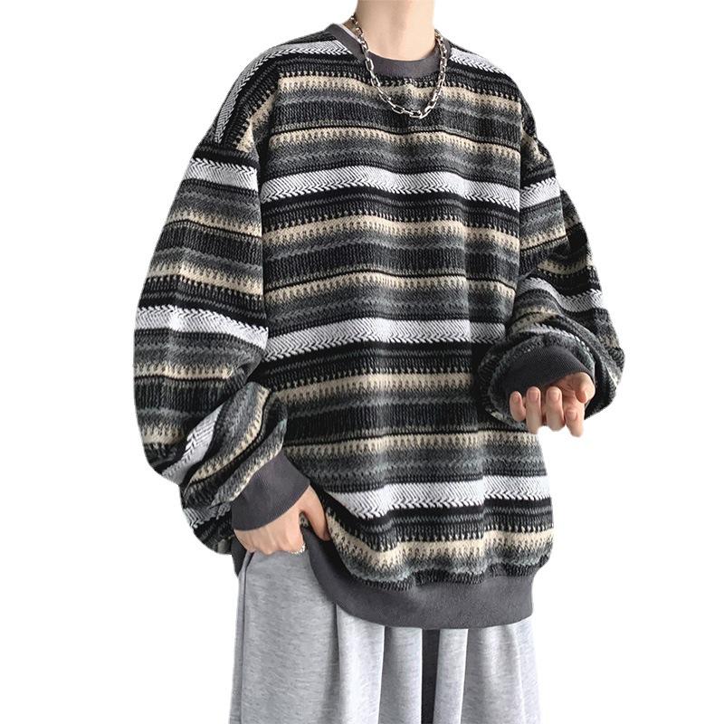 Men's Retro Striped Sweatshirt - Spring Trend Loose Fit, Round Neck, Korean Lazy Style Pullover