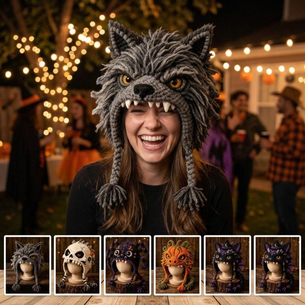 Warm Hand Knitting Animal Hood Set Handmade Halloween Animal Hat Holiday Gift