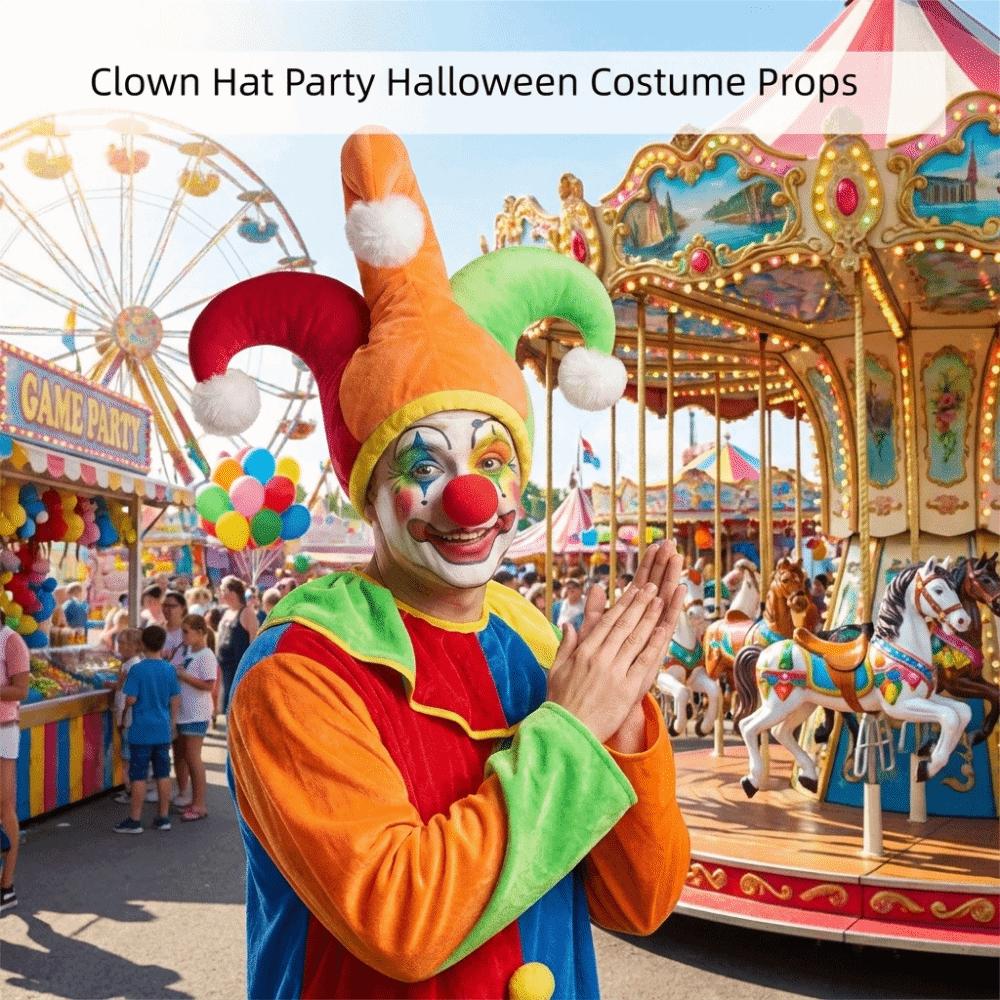 Color Block Clown Hat with White Pom Poms Halloween Party Hat Funny Joker Hat Party