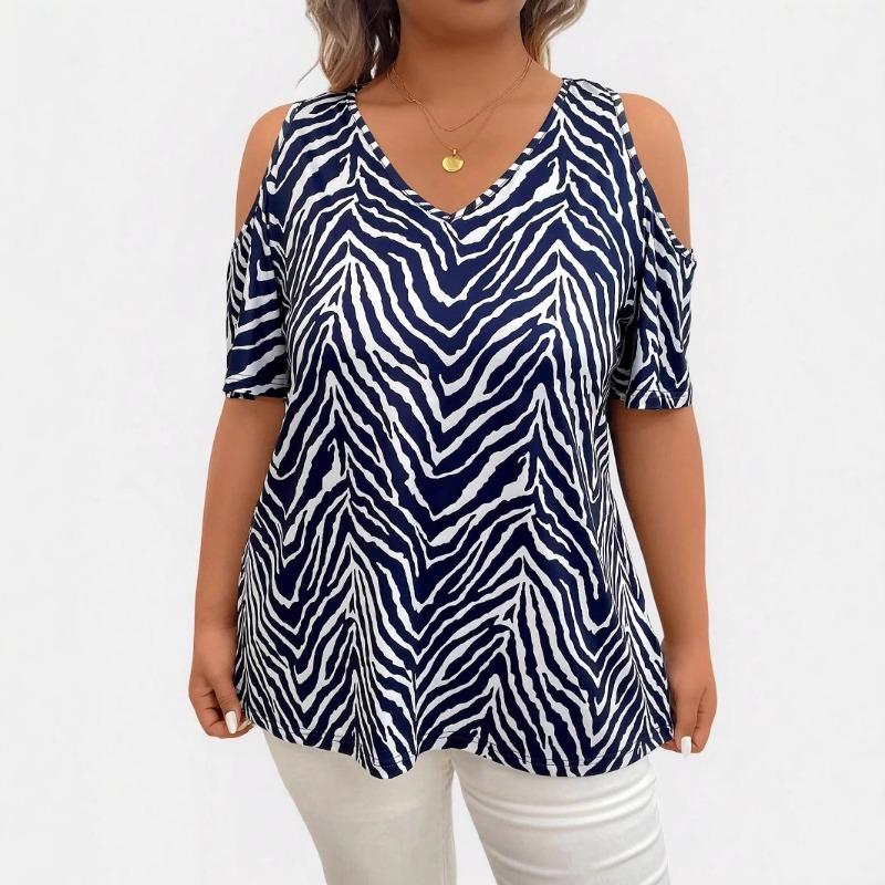Summer New Women's Zebra Pattern V-neck Short-sleeved Casual Off-shoulder Top