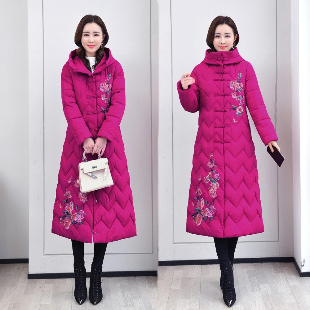 cotton-padded clothes for women's winter large size long ethnic style embroidered cotton-padded clothes thickened and loose knee-padded jackets