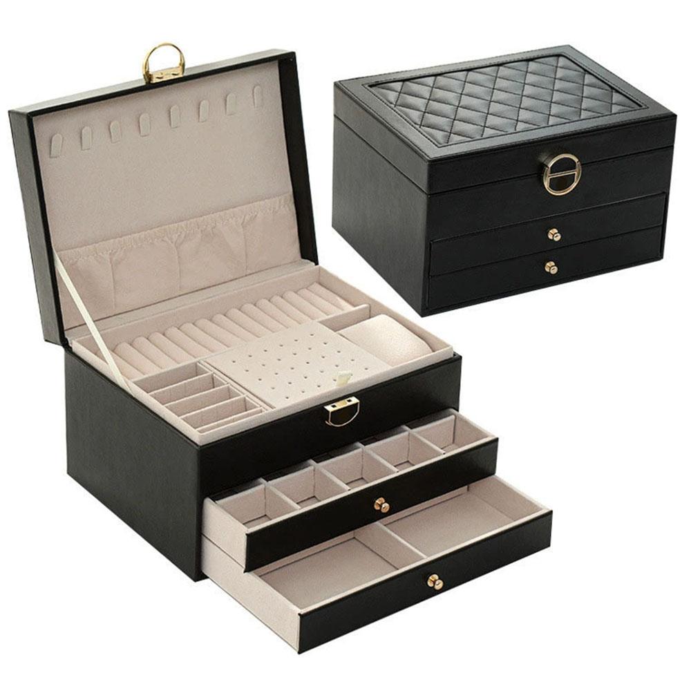 Diamond Pattern Three-Layer Drawer Jewelry Box with Lock