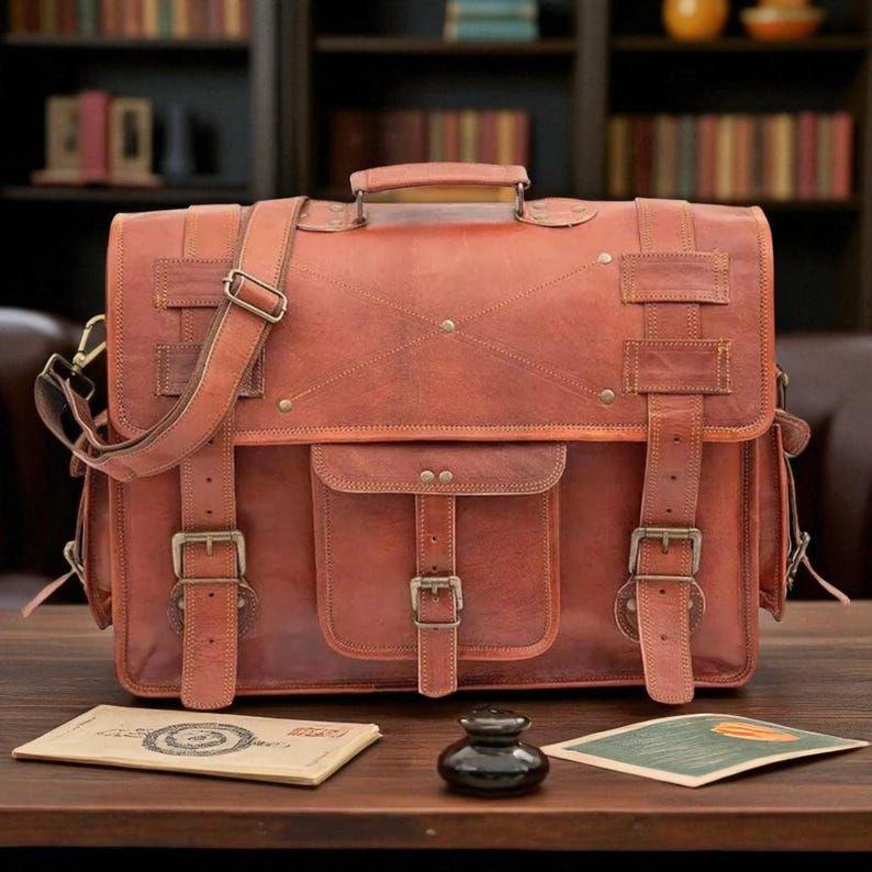 Handmade Leather Messenger Bag for Men – Vintage Briefcase Laptop Satchel with Multi-Pockets | Convertible Shoulder Bag