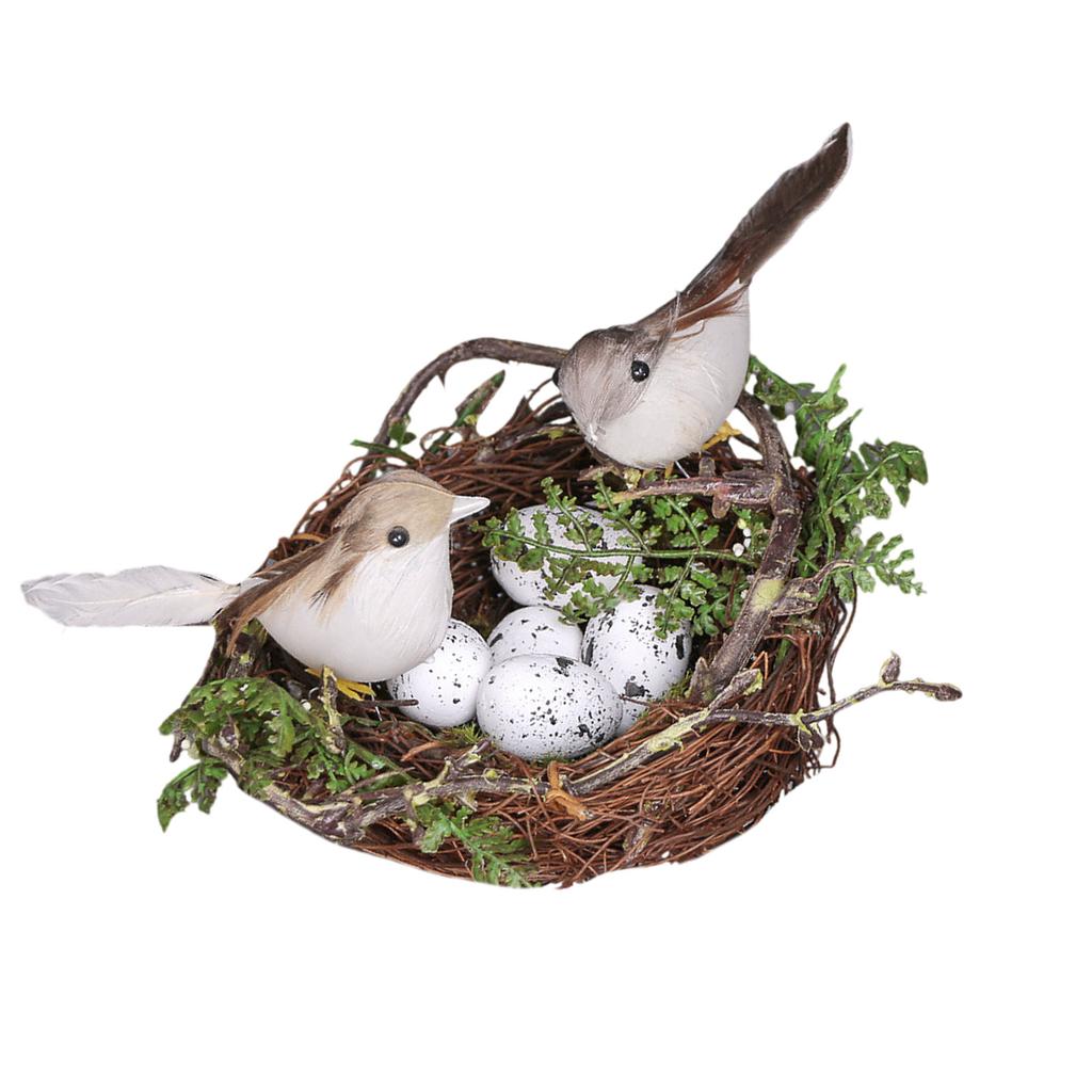 Bird Nest with Faux Birds and Eggs Ornament for Gardens Window Sill Decoration Photography Props Handmade Accessory