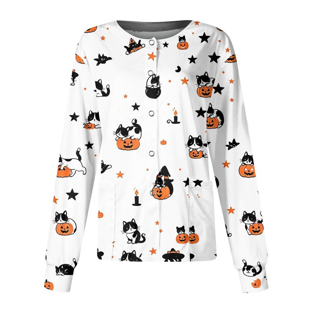 Women's Halloween Print Long Sleeve Button Front Cardigan for Costume Party and Casual Outwear