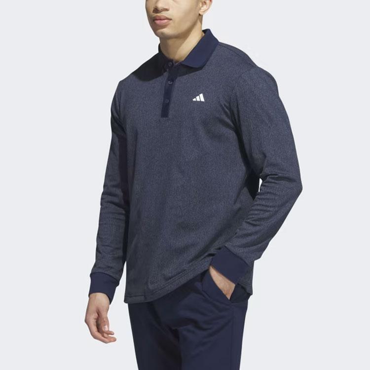 Adidas Essentials Heathered Long Sleeve Polo Shirt Color Block Logo Men Polo Shirts Navy-Blue HZ0426