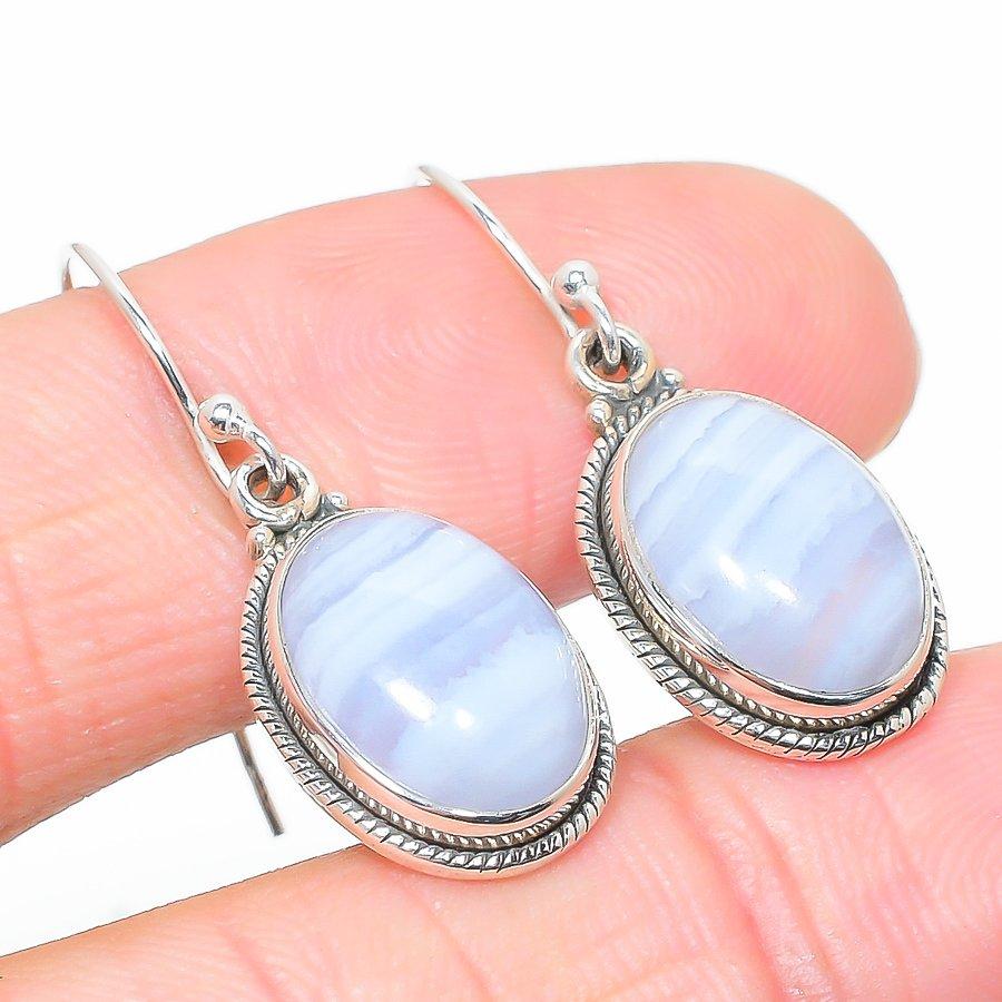 Natural Blue Lace Agate Gemstone 925 Solid Sterling Silver Earring 1.25" E1e20