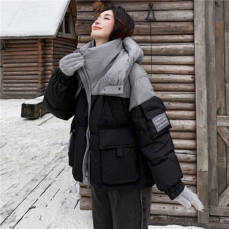 Damen Winter Colorblock Kapuzen Daunen Baumwolljacke Locker Kurz Gepolsterte Jacke Koreanisch Trendy
