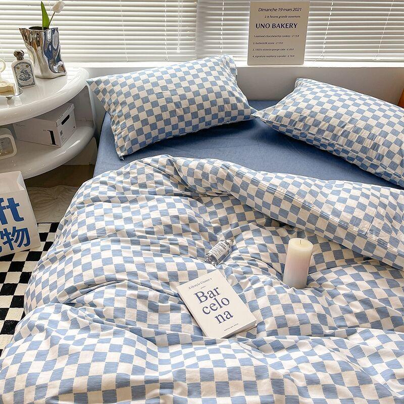 Korean Style Fashion Bedding Set Kids Adults Twin Full Queen Size Bed Flat Sheet Duvet Cover Pillowcases Stripe Grid Bed Linen