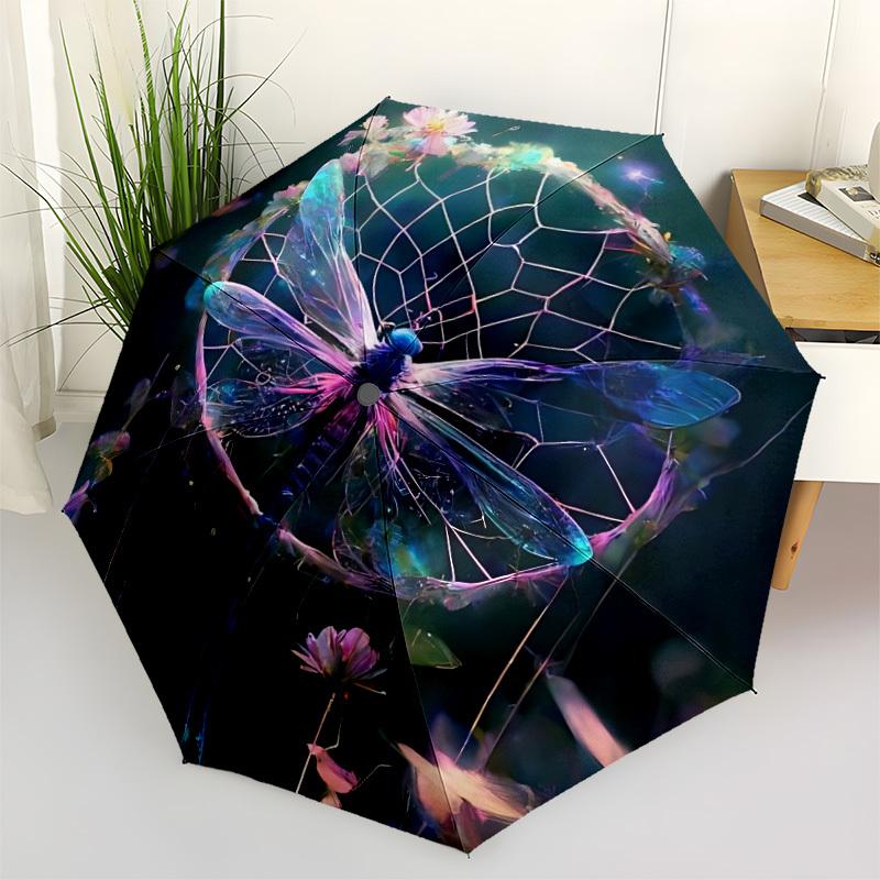 1pc Dragonfly Flowers Automatic Open/Close Umbrella with Folding feature Compact Travel Umbrella, Lightweight design, for Commuting, Business080