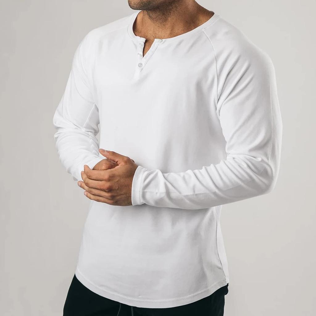 Manatsulife Long Sleeve Raglan Henley Round Solid CX3 Men's T-Shirt, Sleeves, Neck, Button-Down, Neck, Golf, Layering, Color, Commuting, Fitness,