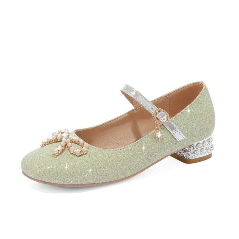 

Весенние туфли принцессы для девочек 2025 Новые туфли на толстом каблуке с квадратным носком, низкие, с бантом и пайетками, студенческие детские одинарные туфли 39 (inner length 24.5cm) зелёный