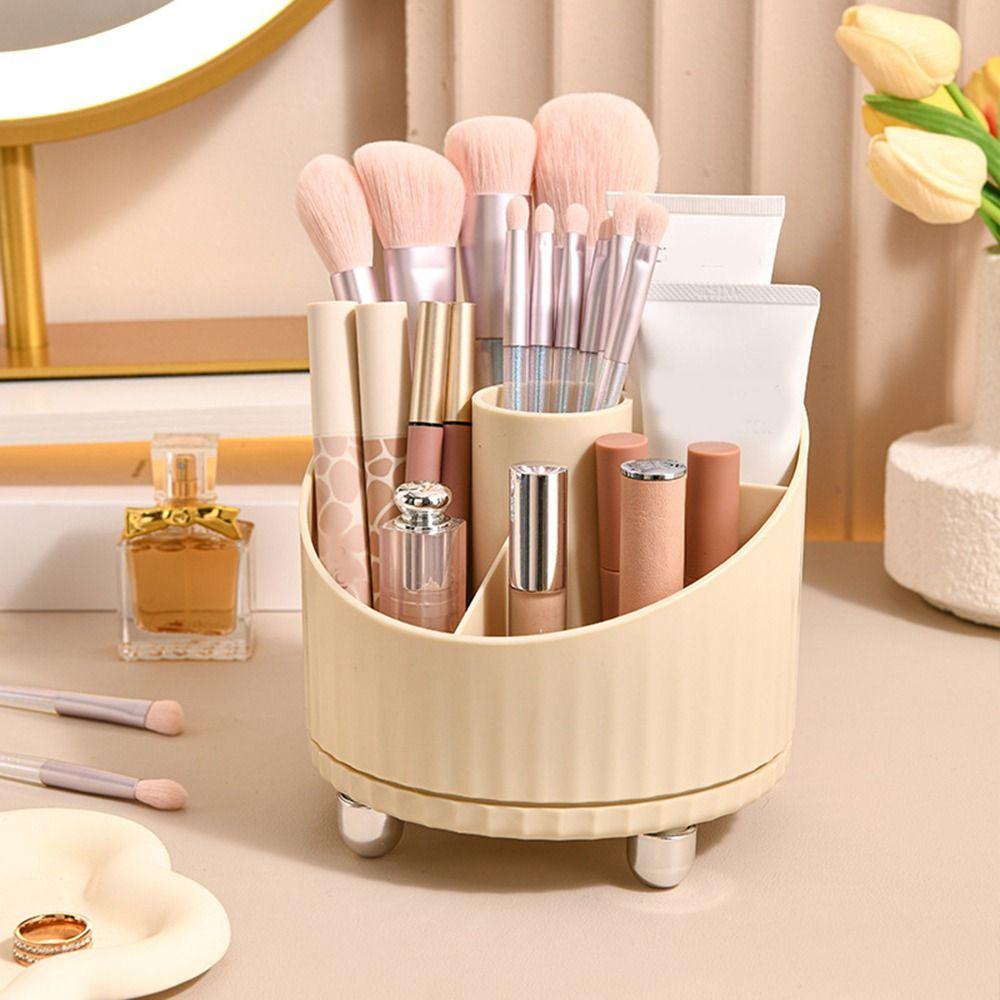 Beige Spinning Makeup Brush Holder Large Capacity Makeup Brush Storage Box for Home