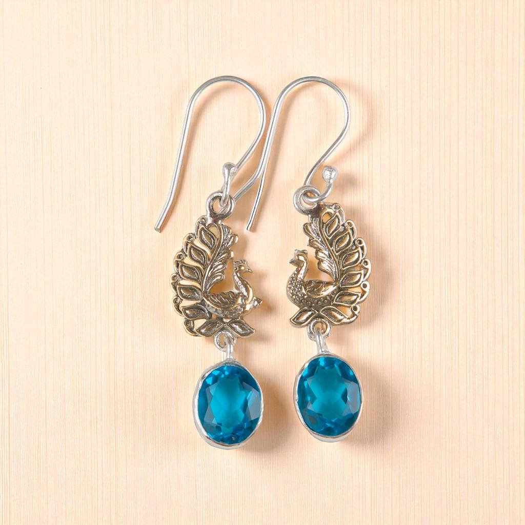 Swiss Blue Topaz Gemstone 925 Sterling Silver Handcrafted Jewelry Earrings 1.8" EE-88-3