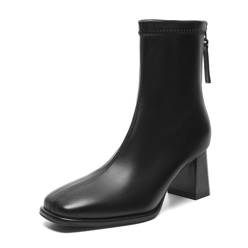 French high-heeled small short boots women's 2024 autumn and winter medium boots brown thick heel square head leather boots new thin boots