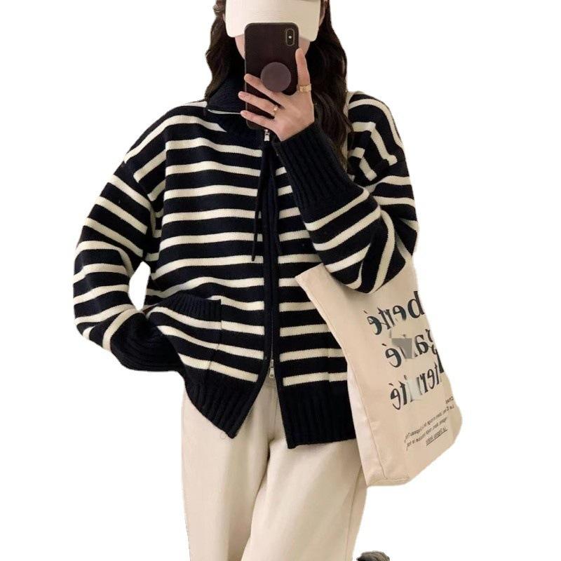 Lapel double zipper knitted cardigan fashion striped soft waxy color matching retro casual double pocket sweater jacket