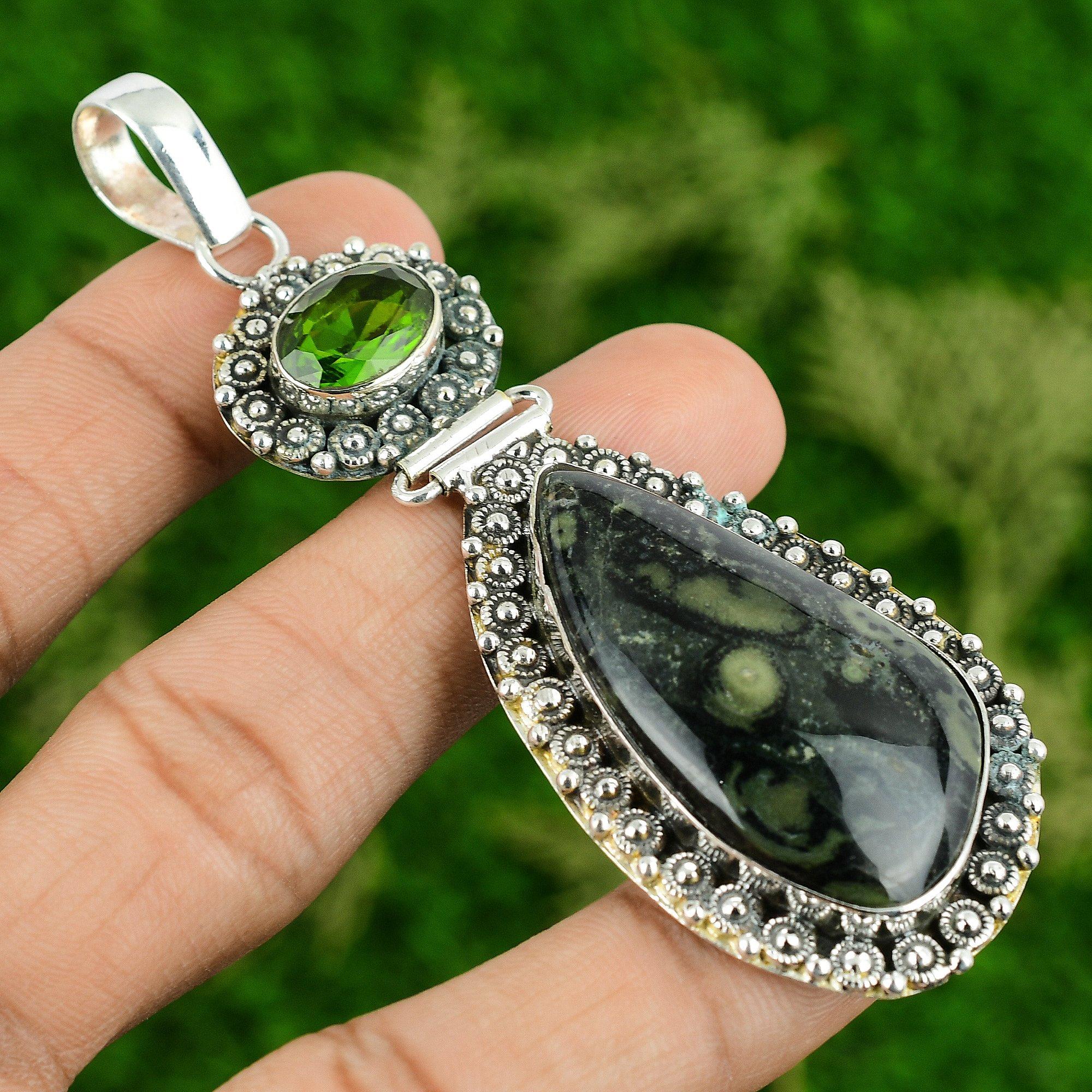 

Sterling Silver Pear Natural Kambaba Jasper Peridot Daughter New Pendant Jewelry