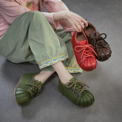Height Increasing Retro Thick Soled Sandals Genuine Leather Hollow Out Breathable Women's Shoes