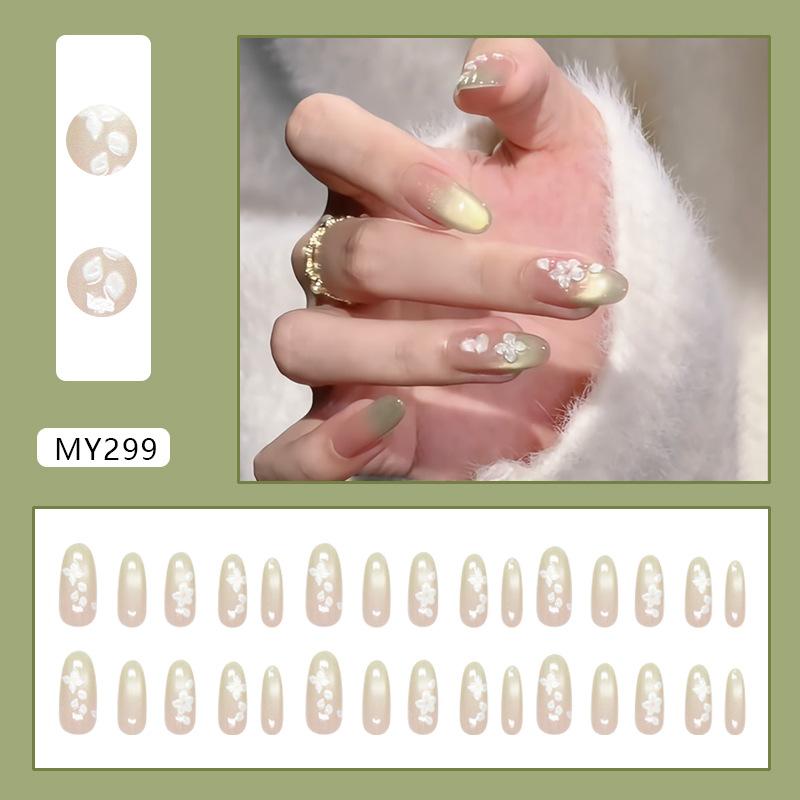 

Cool Gradient Mint Cat Eye Three-dimensional Flowers Gentle and Sweet Removable Nail Art Tablets 30 Pieces