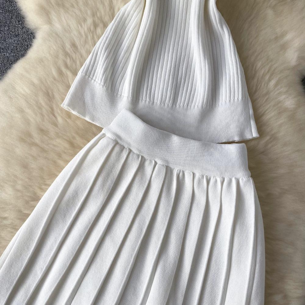 Two 2 Pieces Set for Women Summer Sexy Polo Collar Short Sleeve Buttons Knit Top and Elastic Waist Mini Pleated Skirt Suits