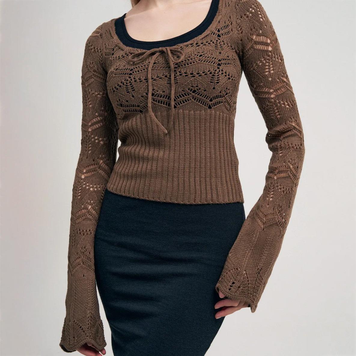 

Французский ленивый стиль ажурный дизайн крючком цветок вязаный свитер для женщин весна новый тонкий крой длинный рукав вязаный топ M коричневый