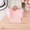 Girls Sweet Mesh Sleeve Top With Ruffle Round Neck