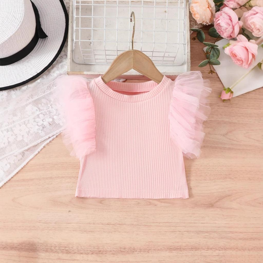 Girls Sweet Mesh Sleeve Top With Ruffle Round Neck
