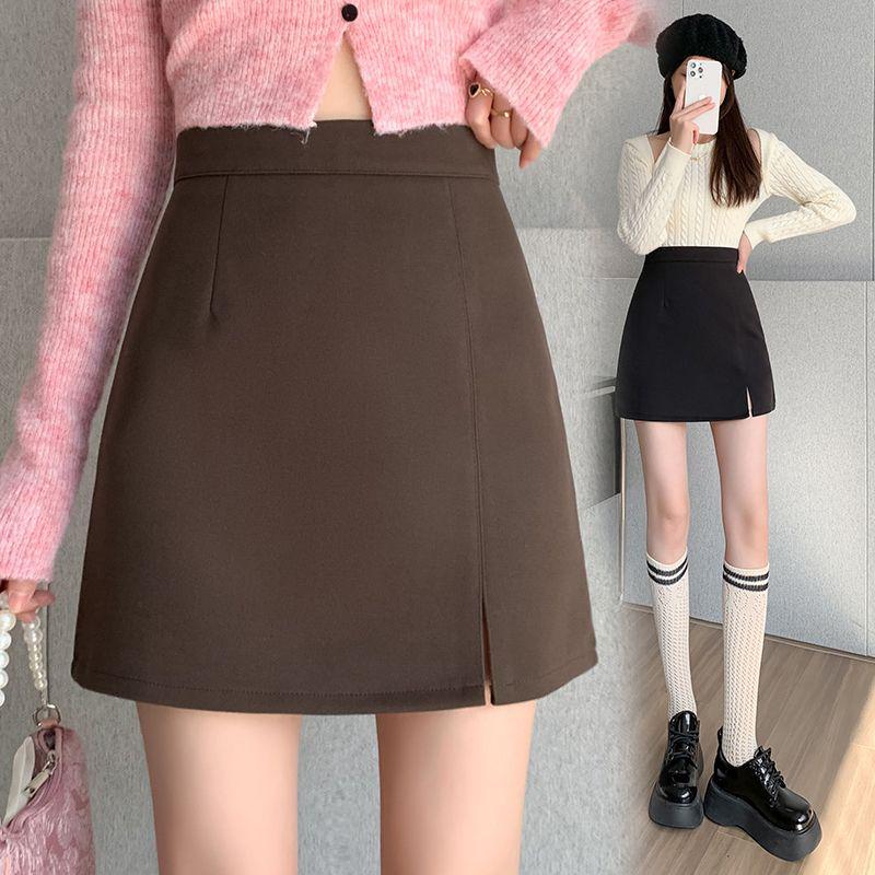 Petite High Waist Zipper Slit A-line Mini Skirt – Spring & Autumn Slimming Hip-Hugging Style.