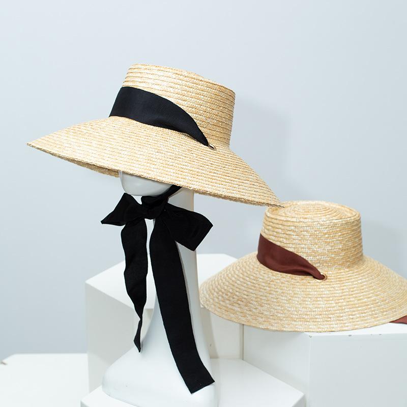 Female Natural Stiff Wheat Straw Boater Hat Summer Flat Top Fedora Hat Women Wide Brim Sun Hats for Travel Beach Jazz Panama New