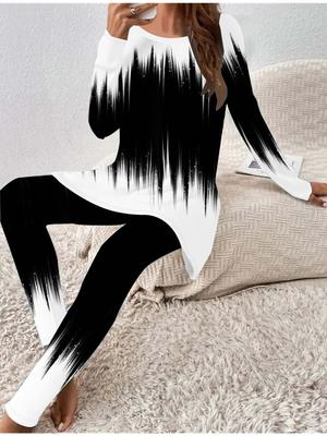 Euro-American Fashion 3D Abstract Printed Women's  Four-season Long-sleeved T-shirt + Long Pants Two-piece Set. Perfect Gift for New Year & Christmas