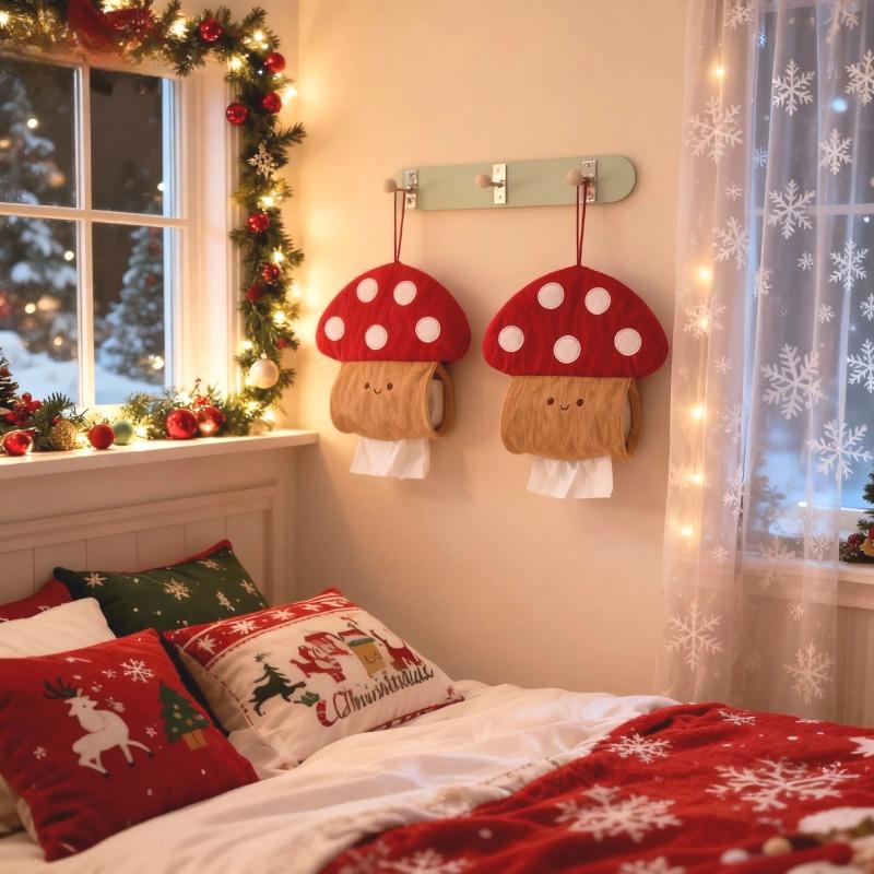 Cute Mushroom Wall Hanging Bag Mounted Tissue Box- Paper Drawer Household Organizer Kitchen Fabric Bedroom Bedside Storage