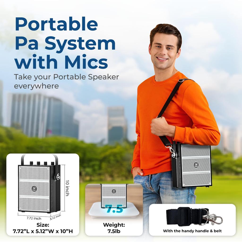 W WINBRIDGE S99 Portable Speaker with Handheld Microphone for Simultaneous High PA System with and MicroSD Ideal for School and More Two-Person Use,