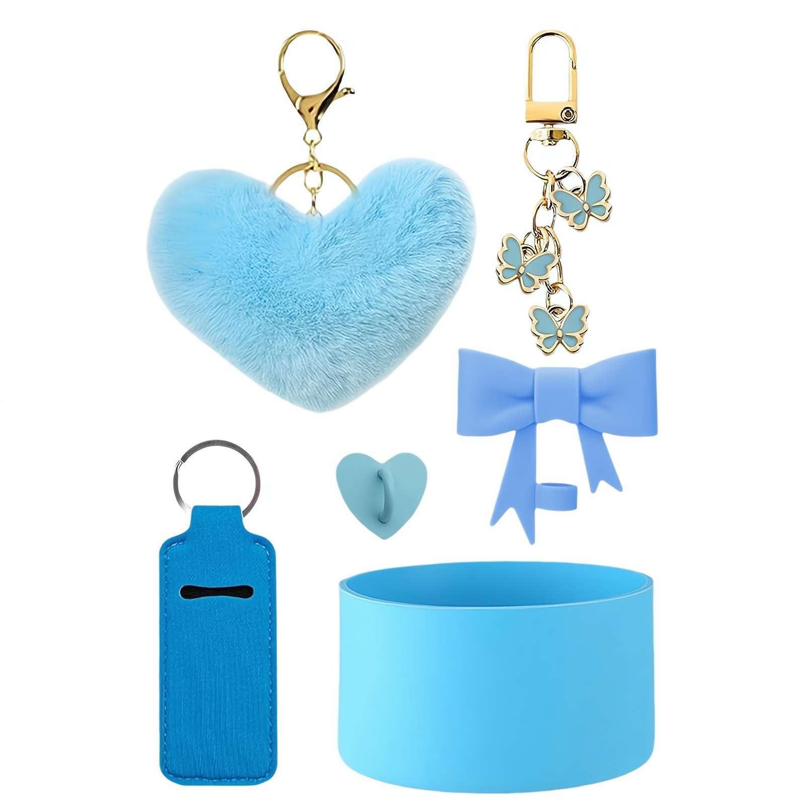 

День святого Валентина Любовь Hairball Подвеска Силиконовый стаканчик Набор бант Соломенная мягкая пара Сердце брелок One Size синий