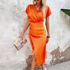 Women's Bodycon Midi Dress Short Sleeve V Neck Ruched Cocktail Party Dress Formal Slit Office Work Business Outfit