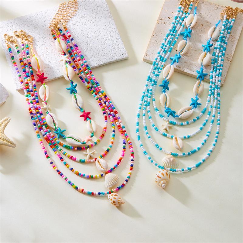 Bohemian Handmade Braided Beaded Seashell Starfish Pendant Clavicle Chain Necklace Women Beach Vacation Jewelry Accessories