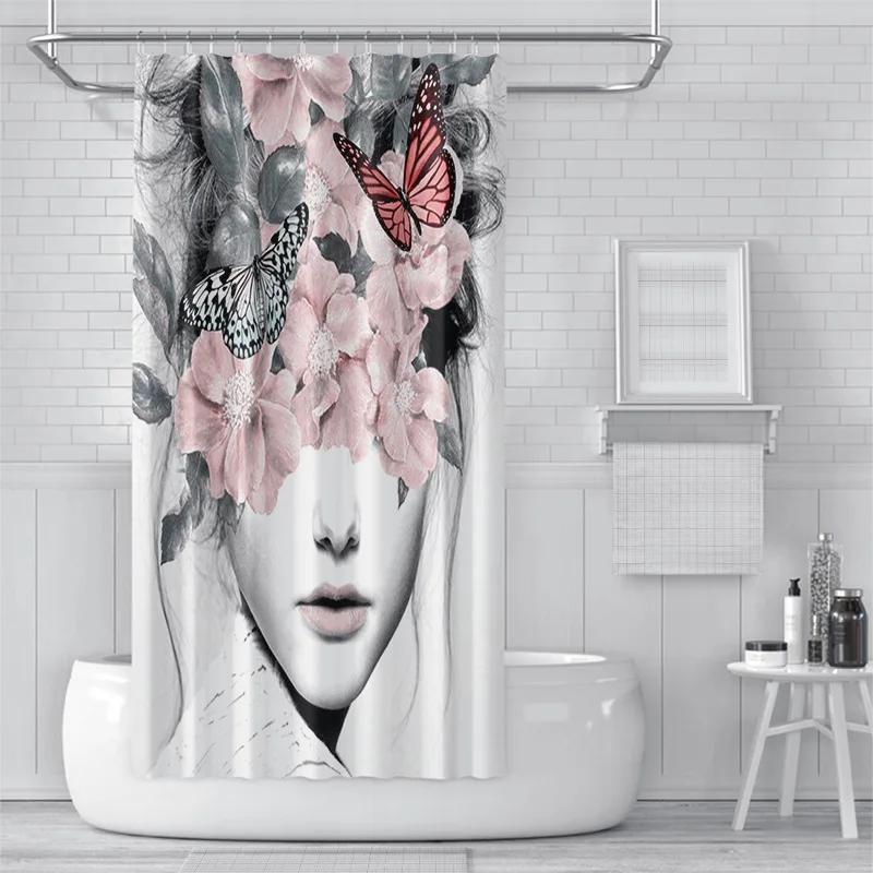 3D Shower Curtain European And American Abstract Figures, Flowers, Toilet Partition Curtains, Simple Curtains With Accessories