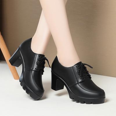 Spring and Autumn Soft Leather Women's Shoes Black Waterproof Table High Heel Platform Women's Lace-up Single Shoes Mother Leather Shoes