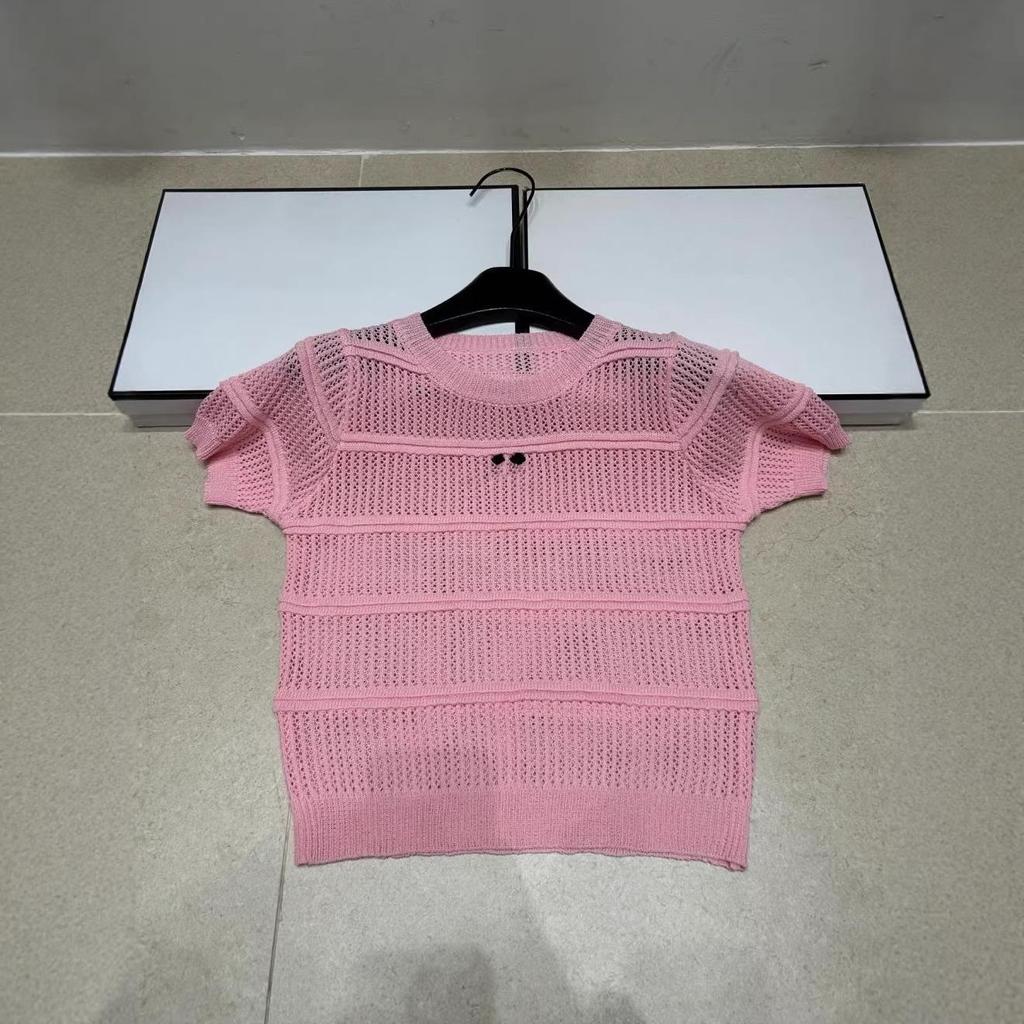 Xiangjia European Style Lightweight Luxury Hollow Knit Round Neck Short Sleeve Top