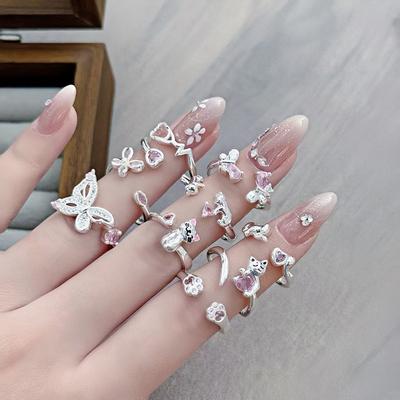 Light Luxury Sweet Cool Pink Cute Full Diamond Zir*****Pening Adjustable Ring Niche Design High-End Ring Woman