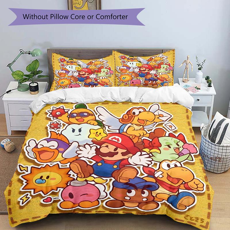 3pcs bedding set Mario Characters Includes 1 Comforter + 2 Pillowcases, Without Pillow Inserts, Soft Comfortable,a0910257