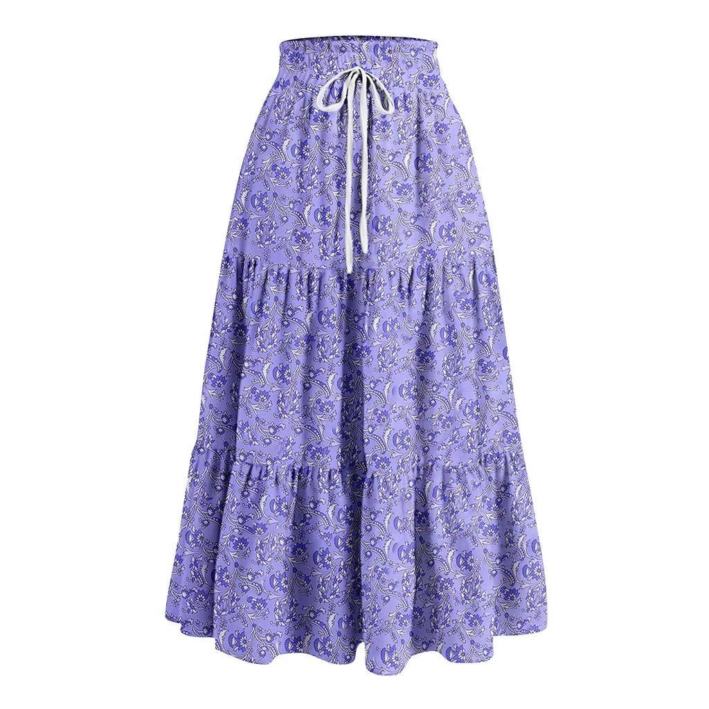 Women's Ruffled Spring Casual Long Skirt Plain Color Skirt Retro Pleated Skirt