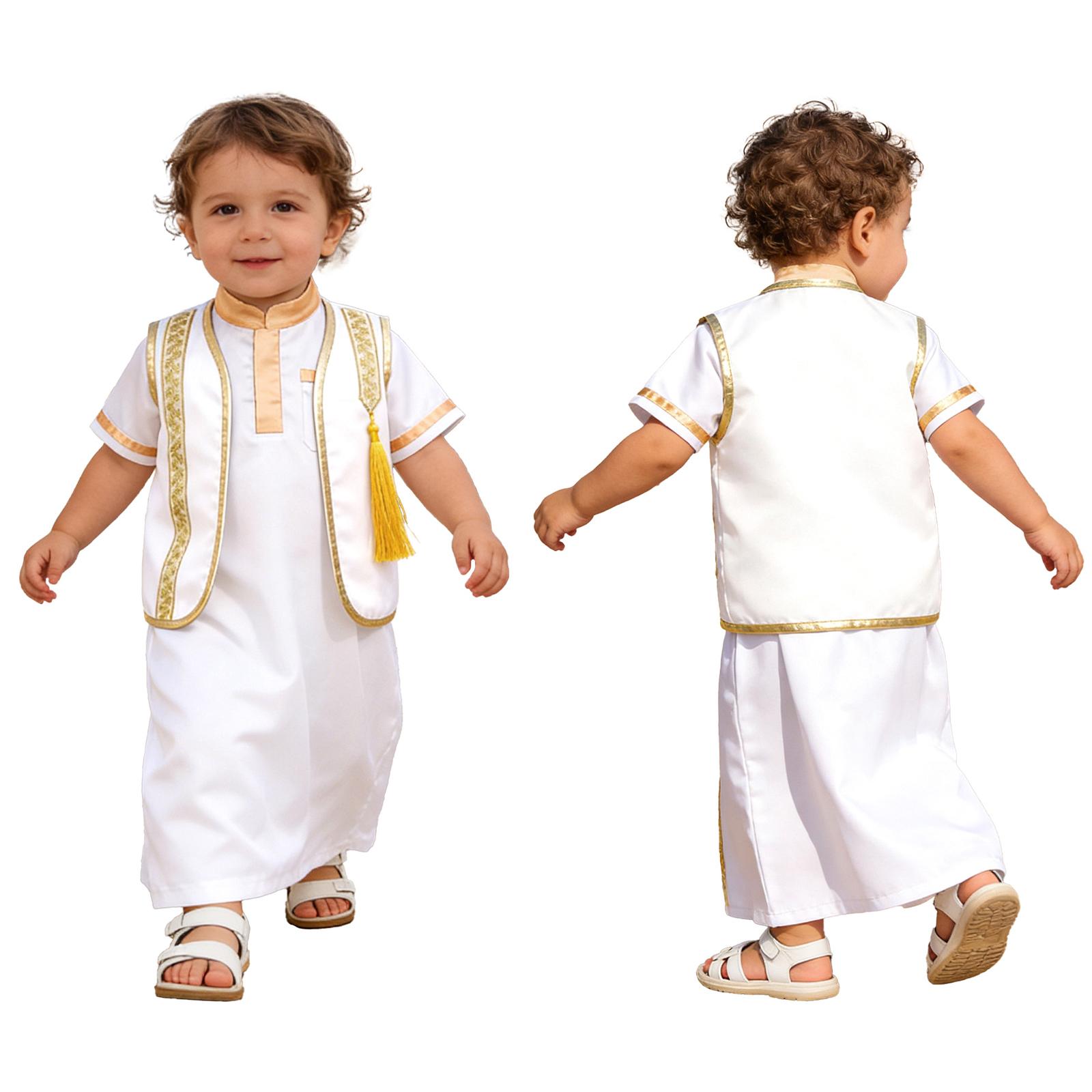

Newborn Baby Boy Arab Dubai Muslim Vest Vintage Brocade Metallic Shiny Trim Tassel Open Front Tank Top for Ramadan Eid Party 0-3 Months белый