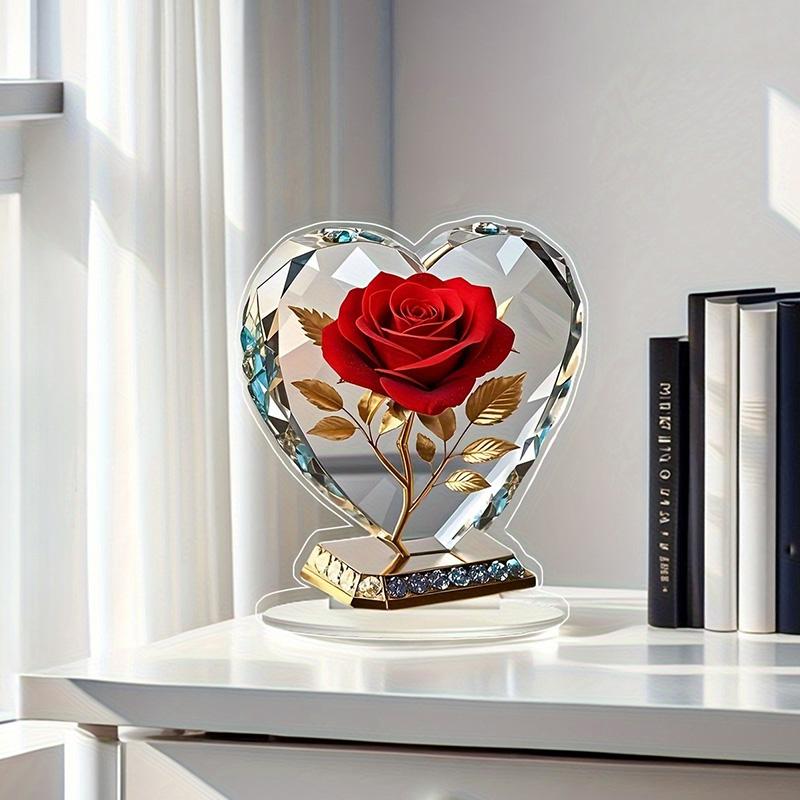 2D Acryl Rote Rose Ornament Farbe Gedruckt Herzförmig Schreibtisch Dekoration Ornamente Kreativ Geburtstag Valentinstag Geschenk