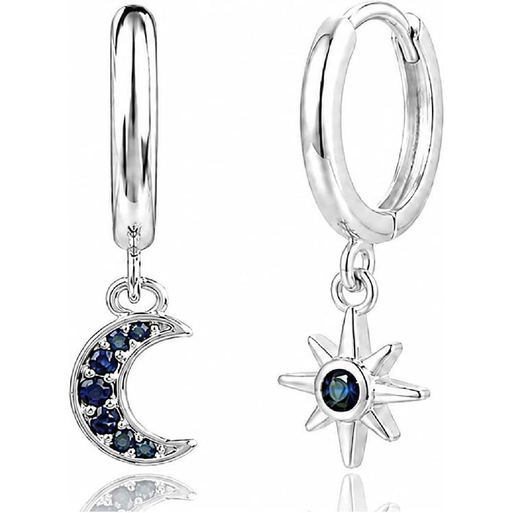 14K Gold Plated Himmlische Creolen mit Anhänger für Damen, Blaue Kristall Sonne und Mond Hängeohrringe, Kleine Huggie Creolen, Leichte Stern und silber