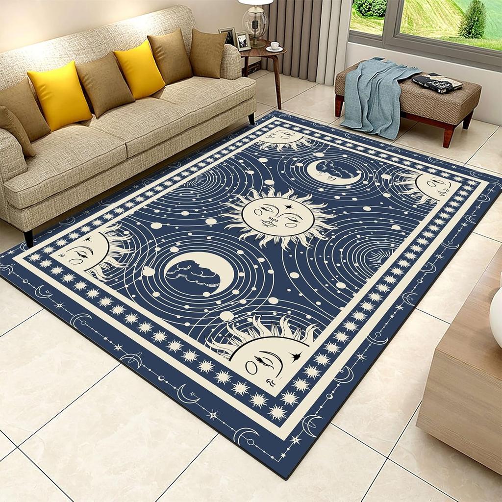 Black Celestial Moon and Stars Pattern Area Rug Phases of The Moon Decor Carpet Modern Astronomy Themed Non-Slip Living Room Rug