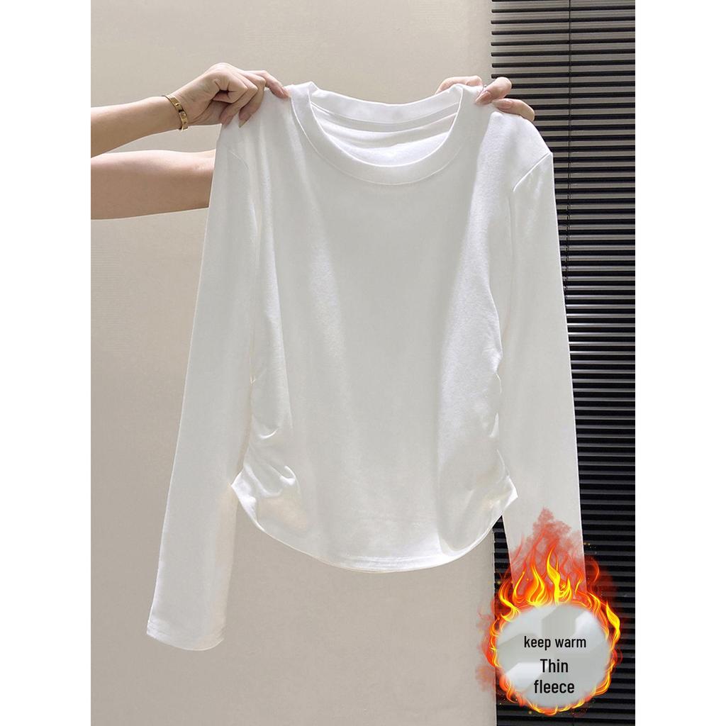 Vielseitiges Damen-Einfarbiges Rundhals-Schmal geschnittenes T-Shirt - Langarm, Raffung, Gebürstete Basisschicht für Frühling, Herbst, Winter.