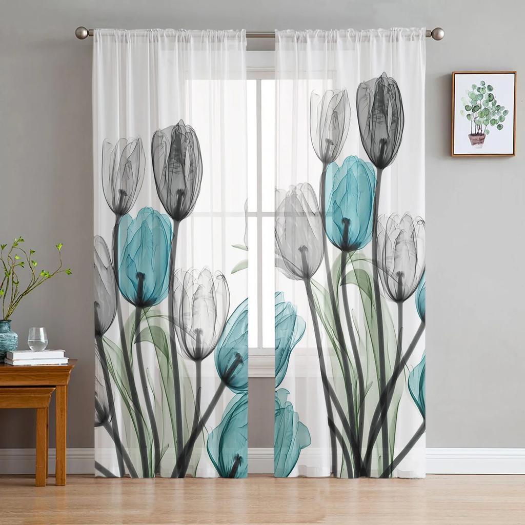 2 Panels Custom Flower Voile Curtain Tulip Pink Purple Flower Print Curtain for Bedroom Living Room Window Curtain Sheer Drape