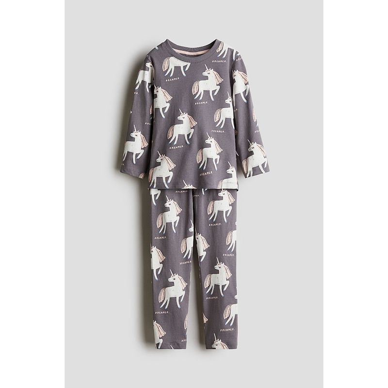 

Детская одежда HM для девочек, домашняя одежда, осень 2025, новый привоз, принт, длинные рукава, брюки, пижамный костюм 1230485 Dark gray/Unicorn 130/64