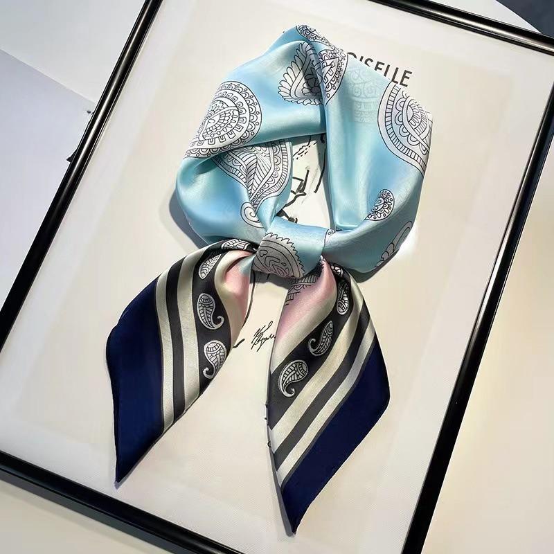 68Cm Blue Cashew Flower Scarf Women S Spring And Summer Thin Imitation Silk Scarf Fashionable And Versatile Headscarf Shawl
